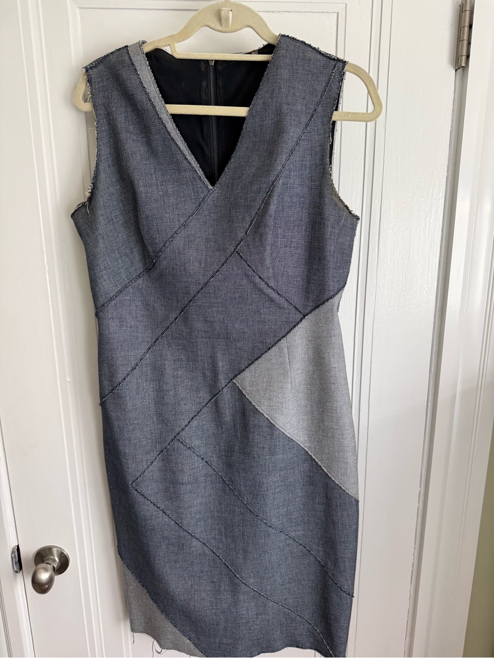 Tahari Denim Patchwork Midi Sheath Dress